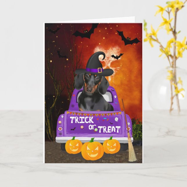 Cartão Cão de Dachshund no Halloween Truck (Flor Amarela)