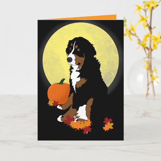 Cartão Cão de Montanha Bernês Halloween Outono  (Flor Amarela)