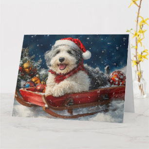 Cartão Cão de Ovelha Inglês em Trenó Deixe Nevar Natal
