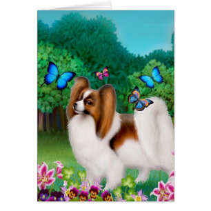 Cartão Cão de Papillon no jardim do jardim