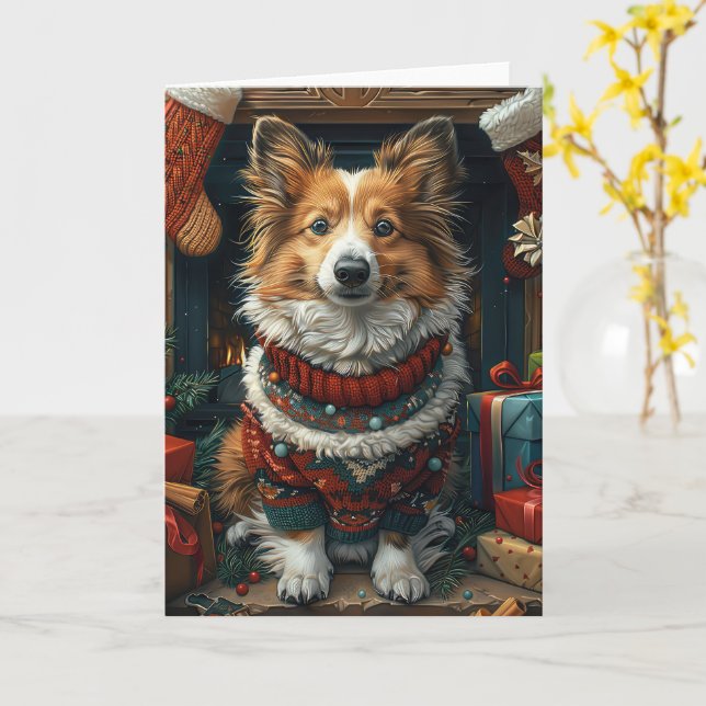 Cartão Cão de Pastoreio Shetland com Presentes de Natal n (Flor Amarela)