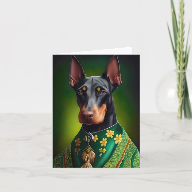 Cartão Cão Doberman vestido para o Dia de São Patrício (Frente)