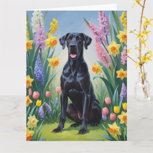 Cartão Cão Dogue Alemão Preto Pintura de Flores de Primav (Flor Amarela)