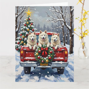 Cartão Cão Esquimó Americano Caminhão Vermelho Natal Féri