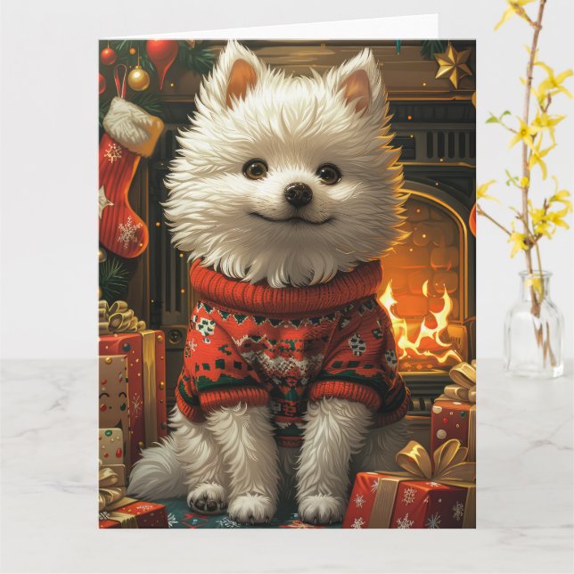 Cartão Cão Esquimó Americano com Presentes de Natal Larei (Flor Amarela)