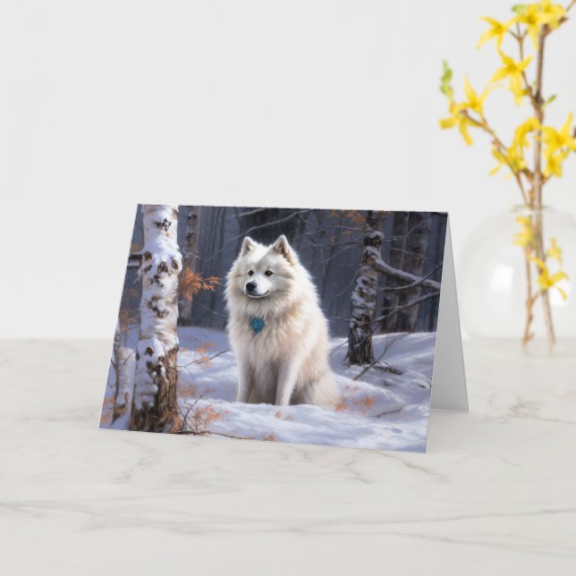 Cartão Cão Esquimó Americano Natal Neve Caindo (Flor Amarela)
