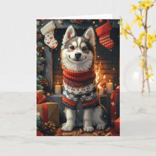 Cartão Cão Husky Siberiano Com Presentes de Natal Lareira