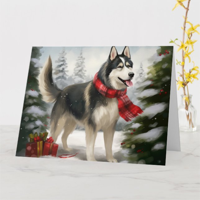 Cartão Cão Husky Siberiano na Neve Natal (Flor Amarela)