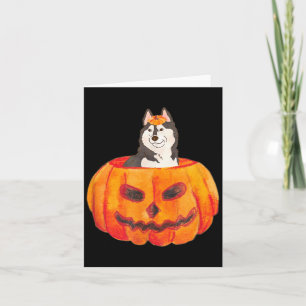 Cartão Cão Husky Siberiano Preto Feliz Halloween Abóbora