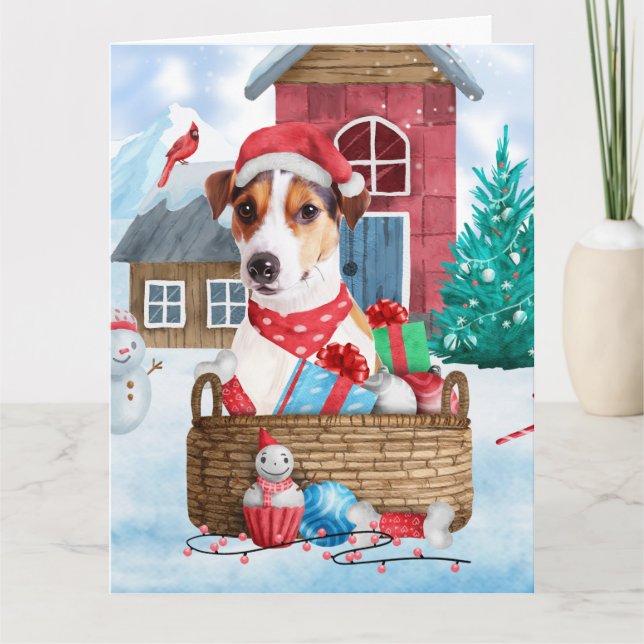Cartão Cão Jack Russell na casa de Natal na neve (Frente)