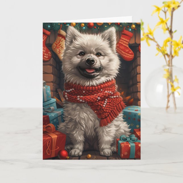 Cartão Cão Keeshond com Presentes de Natal Lareira (Flor Amarela)