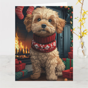 Cartão Cão Lhasa Apso Com Presentes De Natal Lareira