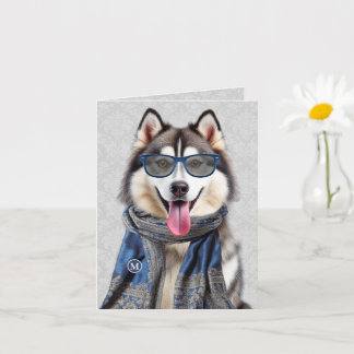 Cartão Cão Malamute com Monograma de Padrão Cinza Azul