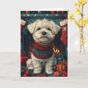 Cartão Cão Maltês com Presentes de Natal Lareira