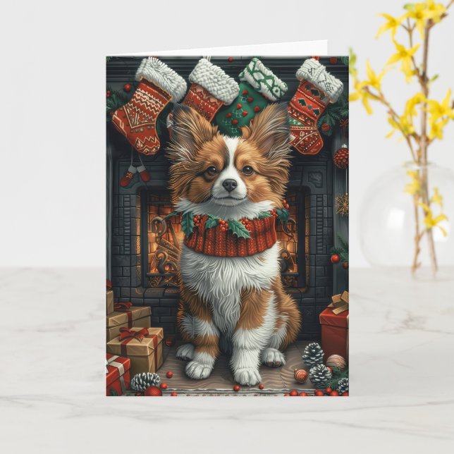Cartão Cão Papillon com Presentes de Natal Lareira (Flor Amarela)