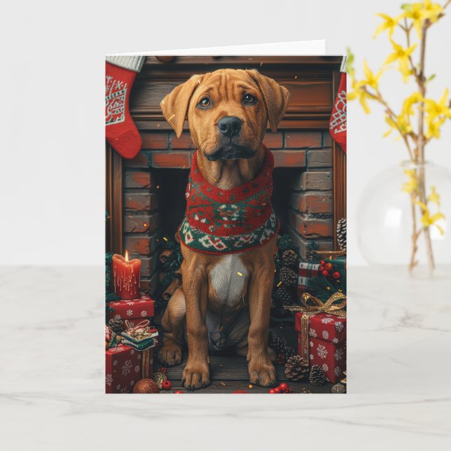 Cartão Cão Rhodesian Ridgeback Com Presentes de Natal  (Flor Amarela)
