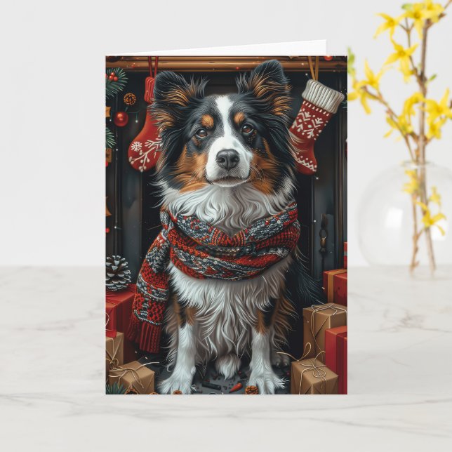 Cartão Cão Rough Collie com Presentes de Natal na Lareira (Flor Amarela)