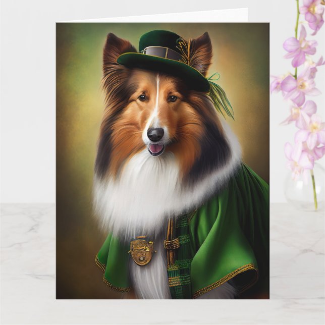 Cartão Cão Rough Collie vestido para o Dia de São Patríci (Orquídea)