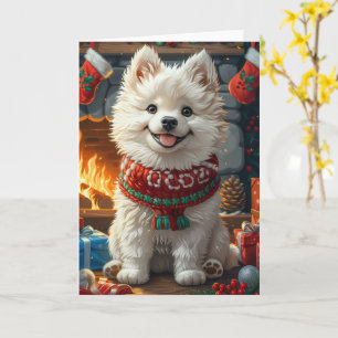 Cartão Cão Samoyed com Presentes de Natal Lareira