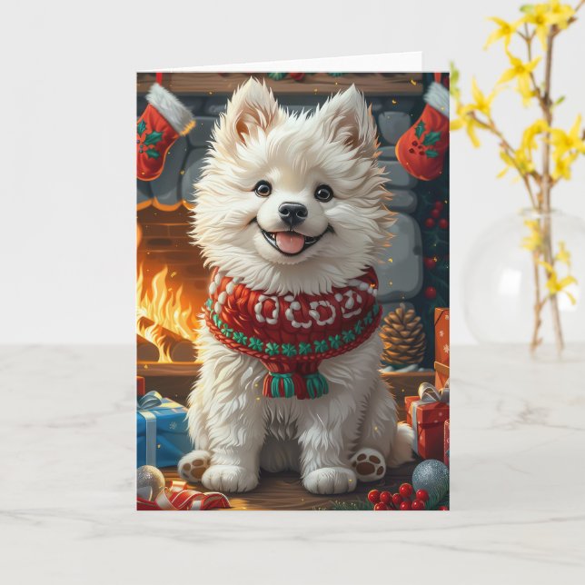 Cartão Cão Samoyed com Presentes de Natal Lareira (Flor Amarela)
