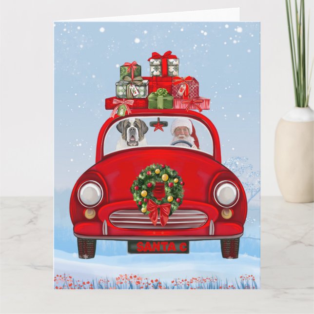 Cartão Cão São Bernardo em carro com Papai Noel  (Frente)