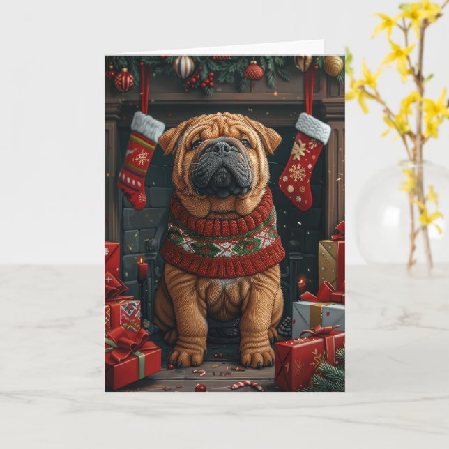 Cartão Cão Shar Pei Com Presentes de Natal Lareira (Flor Amarela)