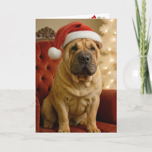 Cartão Cão Shar-Pei de Natal Com Chapéu de Papai Noel