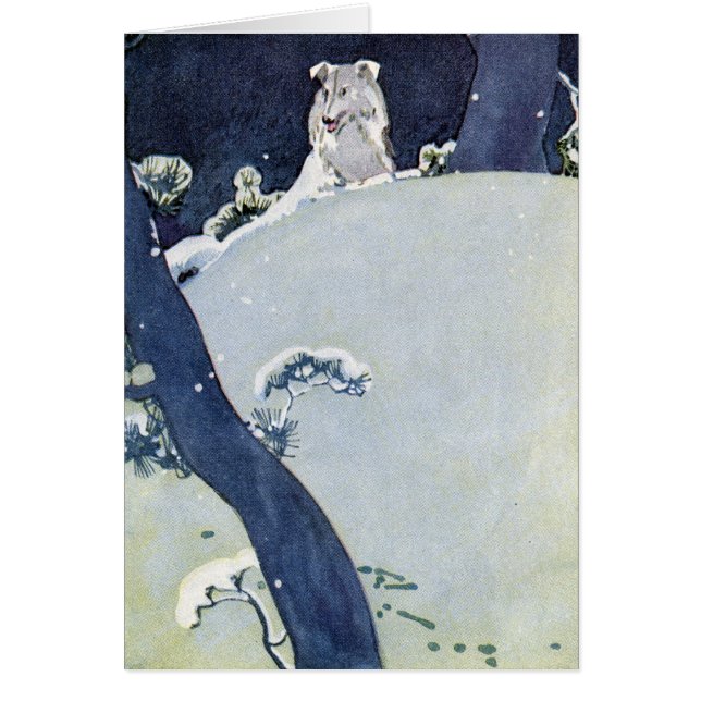 Cartão Cão sob pinhos nevado (Frente)