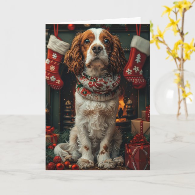 Cartão Cão Springer Spaniel Com Presente De Natal Lareira (Flor Amarela)