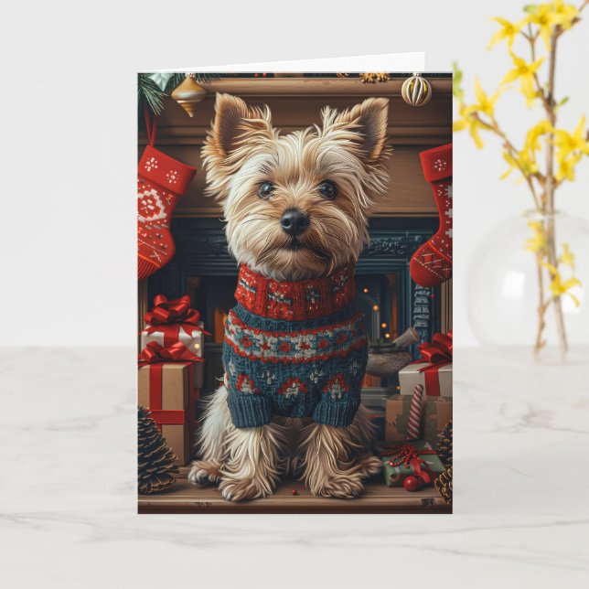 Cartão Cão Terrier Skye com Presentes de Natal Lareira (Flor Amarela)