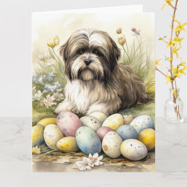Cartão Cão Terrier Tibetano com Feriado de Ovos de Páscoa (Flor Amarela)