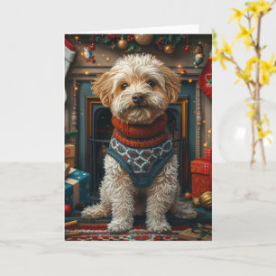 Cartão Cão Terrier Tibetano com Presentes de Natal na Lar