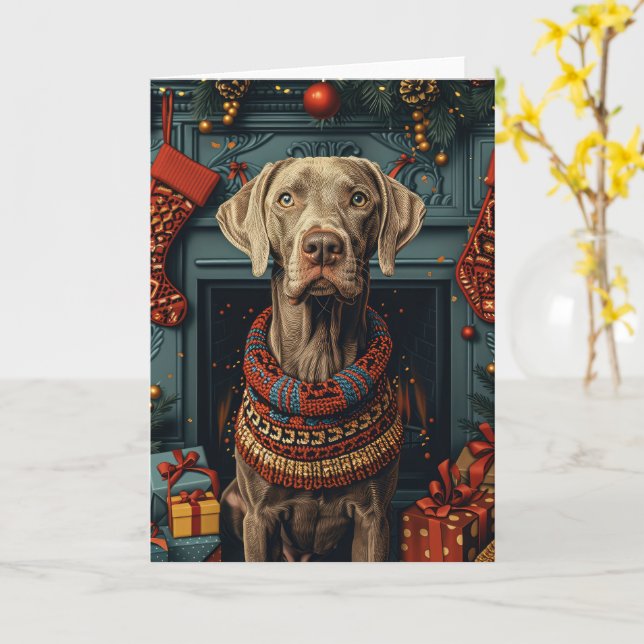 Cartão Cão Weimaraner Com Presentes De Natal Lareira  (Flor Amarela)