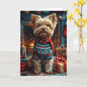 Cartão Cão Yorkipoo com Presentes de Natal Lareira