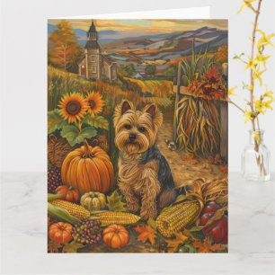 Cartão Cão Yorkshire Terrier Colheita de Outono Dia de Aç