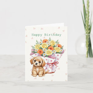 Cartão Cãozinho com Pote de Flores Doce Aniversário