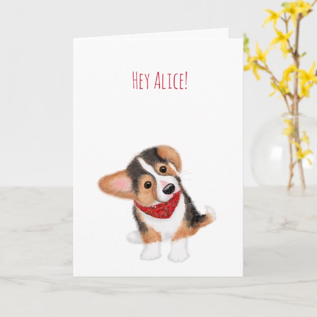 Cartão Cãozinho Corgi pensando em sua carta personalizada (Flor Amarela)