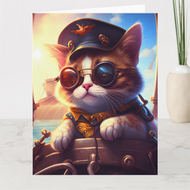 Cartão Capitão Gato do Navio Pirata Steampunk (Frente)