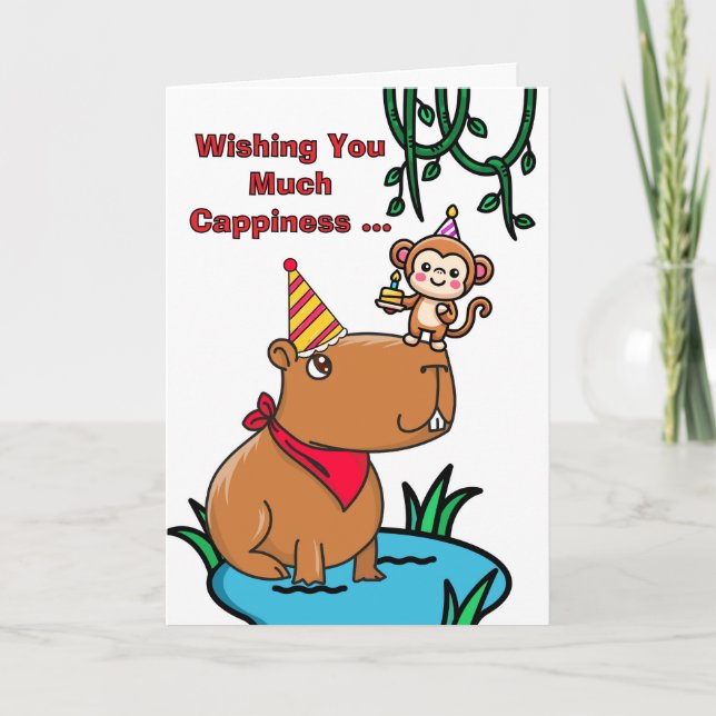 Cartão Cappy Birthday Cute Capybara e Monkey Card (Frente)