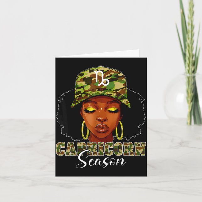 Cartão Capricorn Season Black Woman With Camo Hat Birthda (Frente)