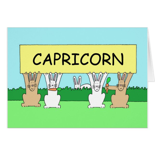 Cartão Capricórnio Feliz Cartoon Bunnies de Aniversário. (Frente Horizontal)