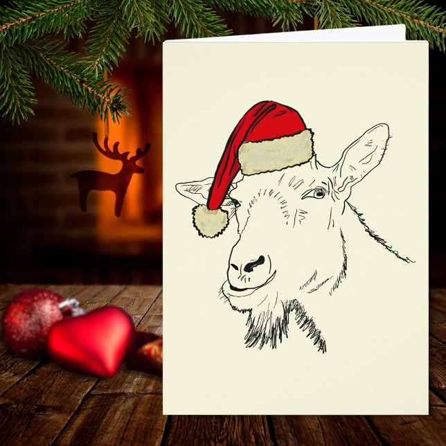 Cartão Caprino vestindo uma ilustração de Santa Hat (Christmas goat wearing a santa hat simple farm animal drawing holiday greetings card)