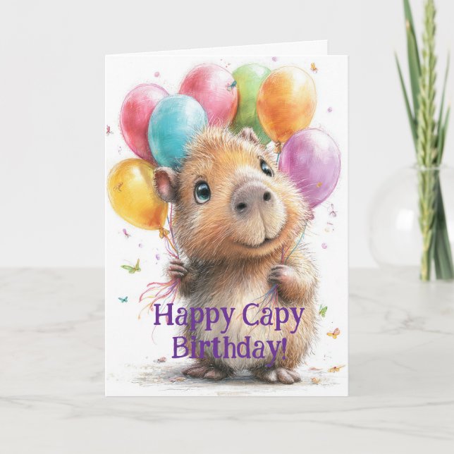 Cartão Capybara Birthday Card • Cute Balloon Design (Frente)