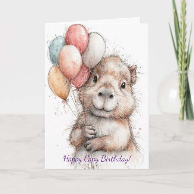 Cartão Capybara Birthday Card • Cute Balloon Design (Frente)