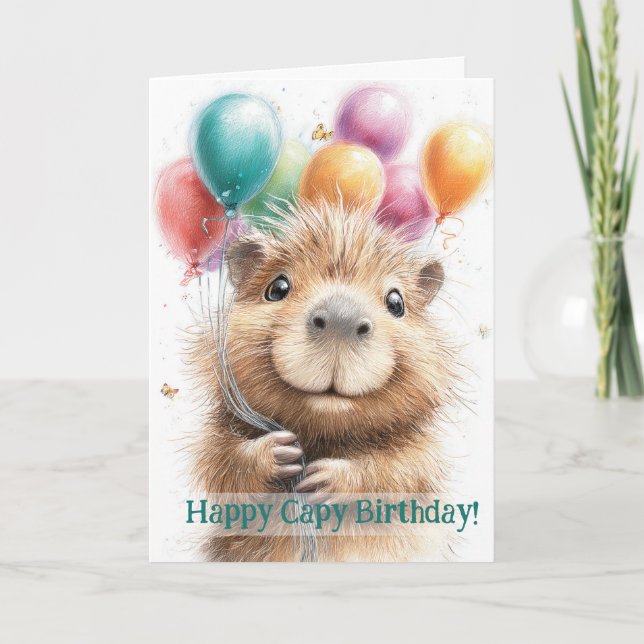 Cartão Capybara Birthday Card • Cute Balloon Design (Frente)