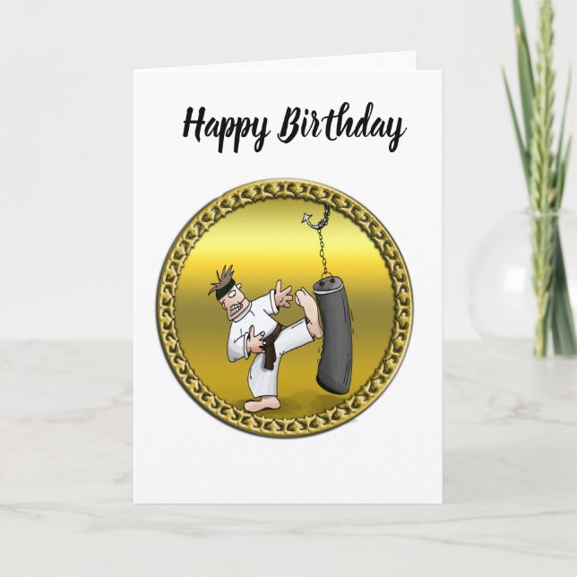 Cartão Carateiro negro chutando um saco de treino preto (Frente)