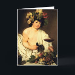 Cartão Caravaggio Bacchus Greeting Card<br><div class="desc">Caravaggio Bacchus greeting card. Oil painting on canvas from 1595. Bacchus is one of Italian artist Caravaggio’s most famous paintings. The work features a young man dressed as the classical god Bacchus with leaves and grapes in his hair and a bowl of fruit sitting before him. The painting famously contains...</div>