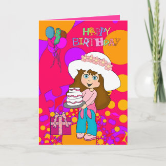 Cartão Card Kid's Girls Happy Birthday Girl Cake Balloons