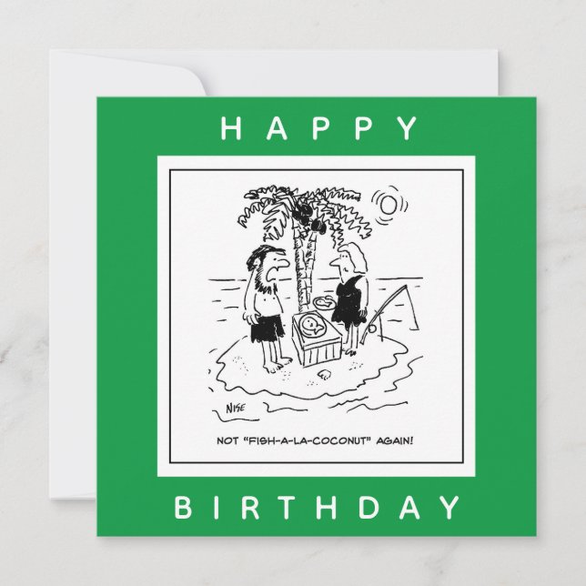 Cartão Cardápio de Peixe e Coco de Ilha Deserta Cartoon (Frente)