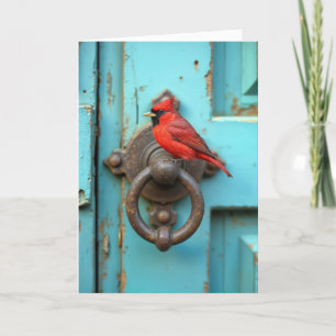 Cartão Cardeal de Aniversário em uma Porta Rusty Knocker